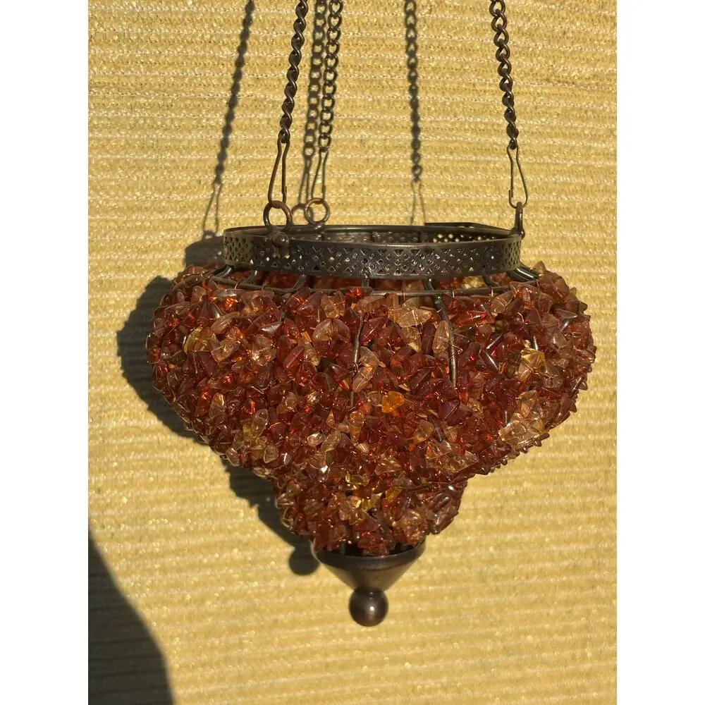 Vintage Hanging TeaLight Candle Holder Amber Glass Beads Metal Frame NOS New